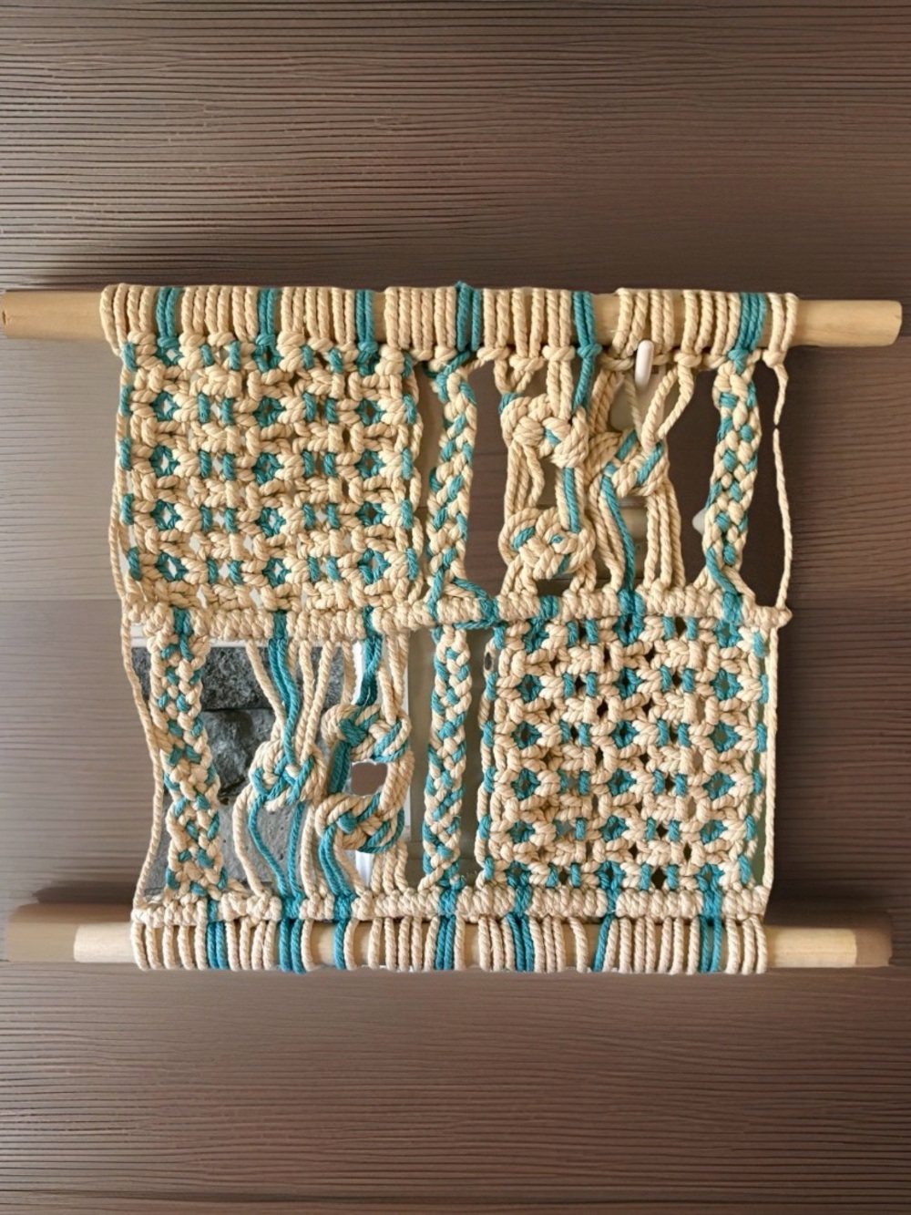 Hand Crafted Beige and Teal Macramé Wall Panel